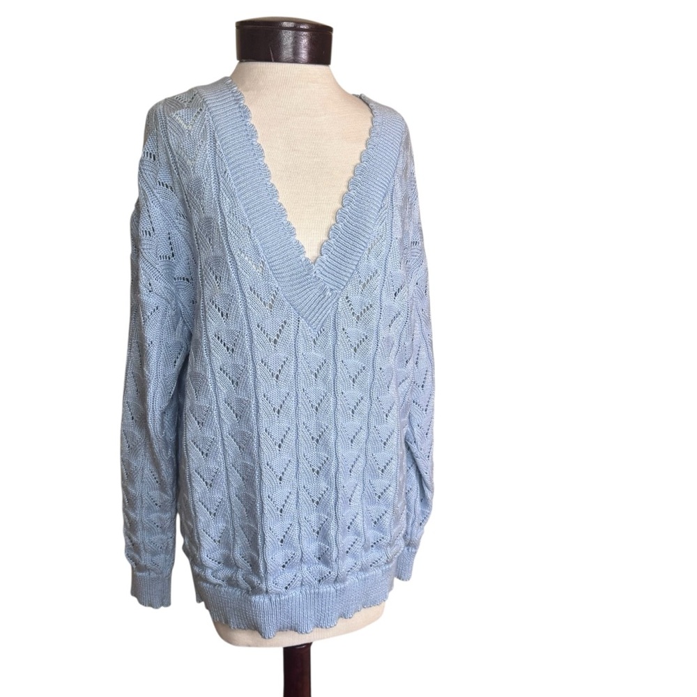 Vintage Ellen D Light Blue Cable Knit V Neck Sweater Made in USA (Large)